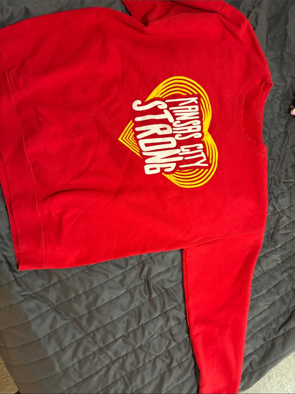 Kansas City Strong Red Sweatshirt with Yellow Heart Graphic
